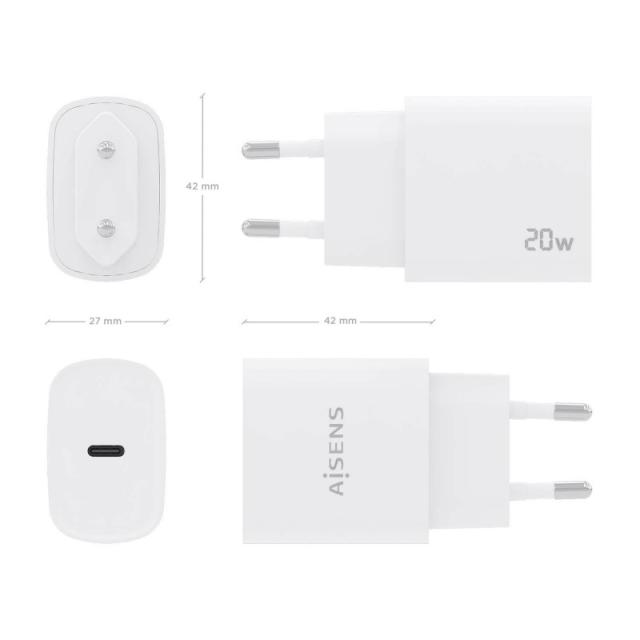 AISENS - Cargador USB-C PD3.0 1 Puerto 1xUSB-C 20W, Blanco