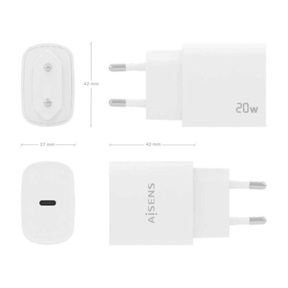 AISENS - Cargador USB-C PD3.0 1 Puerto 1xUSB-C 20W, Blanco