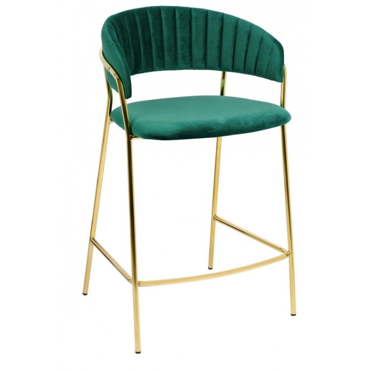 Taburete KEFREN, metal, cromado dorado, tapizado velvet verde oscuro