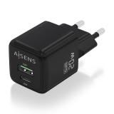 AISENS - Cargador GaN 20W, 1xUSB-C PD3.0 QC4.0, 1xUSB-A QC3.0, Negro