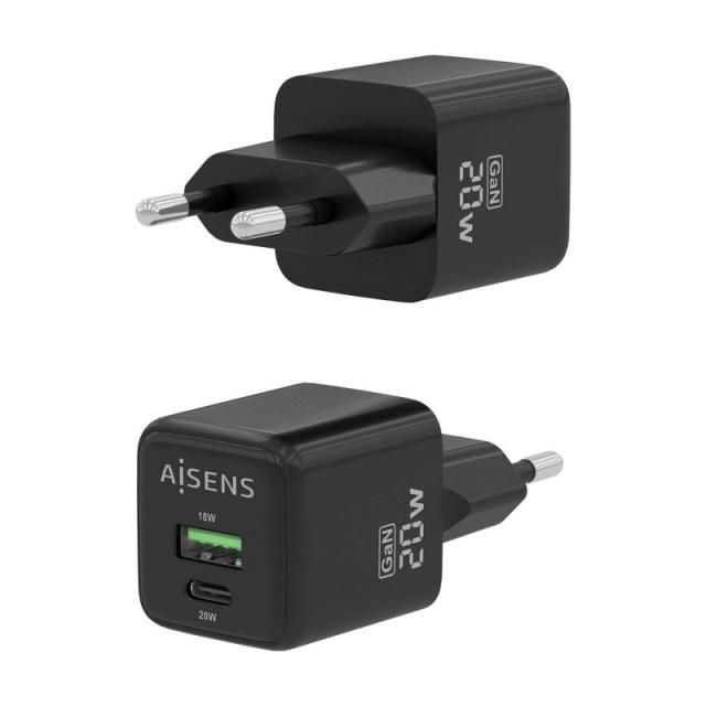 AISENS - Cargador GaN 20W, 1xUSB-C PD3.0 QC4.0, 1xUSB-A QC3.0, Negro