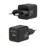 AISENS - Cargador GaN 20W, 1xUSB-C PD3.0 QC4.0, 1xUSB-A QC3.0, Negro
