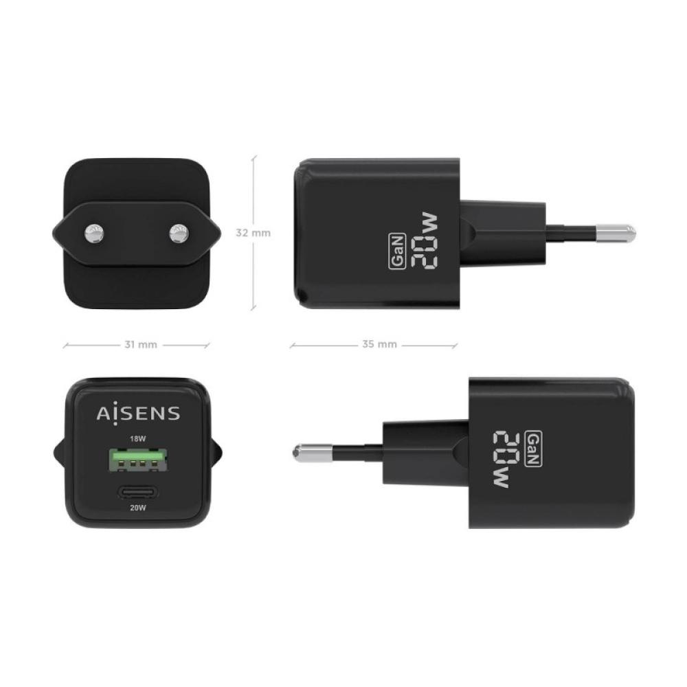 AISENS - Cargador GaN 20W, 1xUSB-C PD3.0 QC4.0, 1xUSB-A QC3.0, Negro