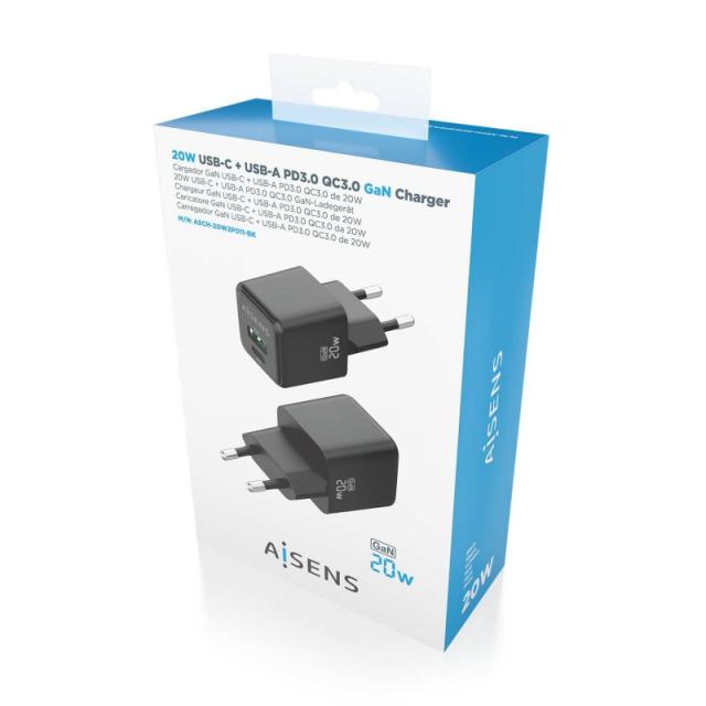AISENS - Cargador GaN 20W, 1xUSB-C PD3.0 QC4.0, 1xUSB-A QC3.0, Negro