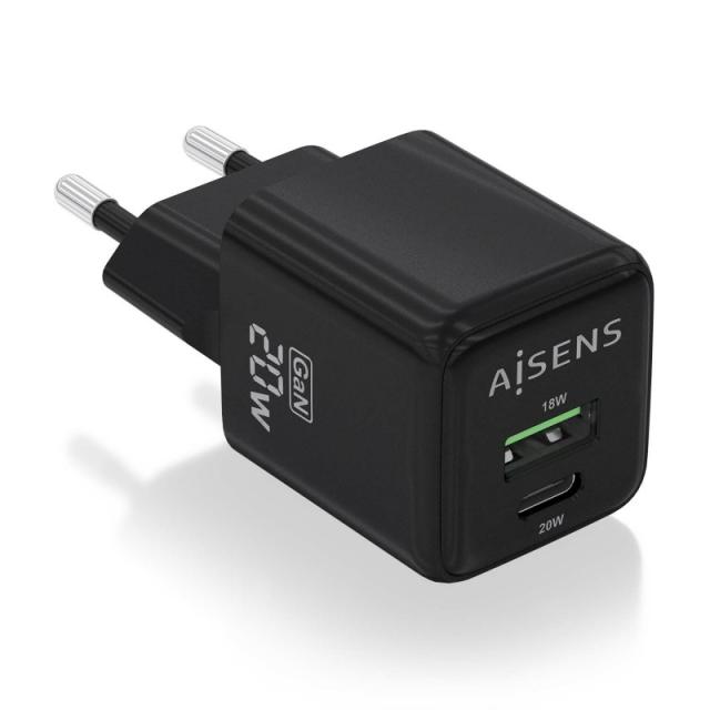 AISENS - Cargador GaN 20W, 1xUSB-C PD3.0 QC4.0, 1xUSB-A QC3.0, Negro