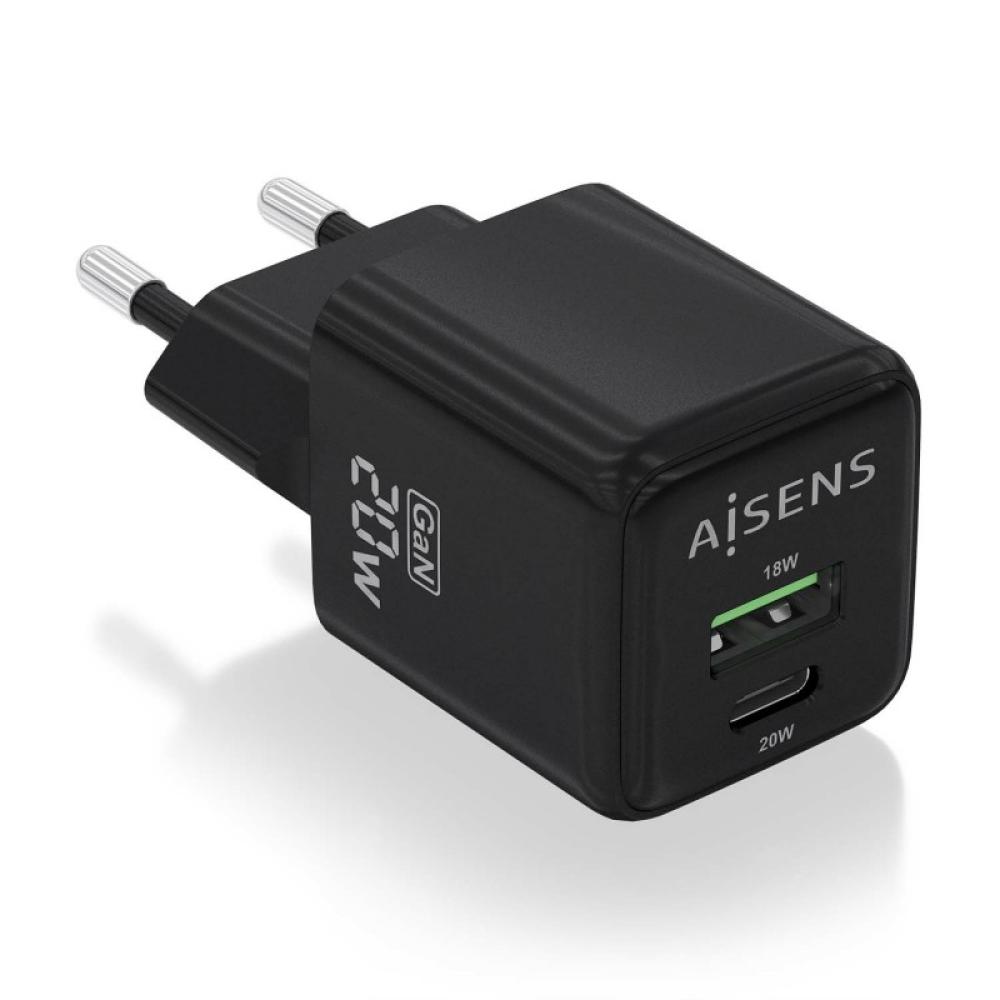 AISENS - Cargador GaN 20W, 1xUSB-C PD3.0 QC4.0, 1xUSB-A QC3.0, Negro