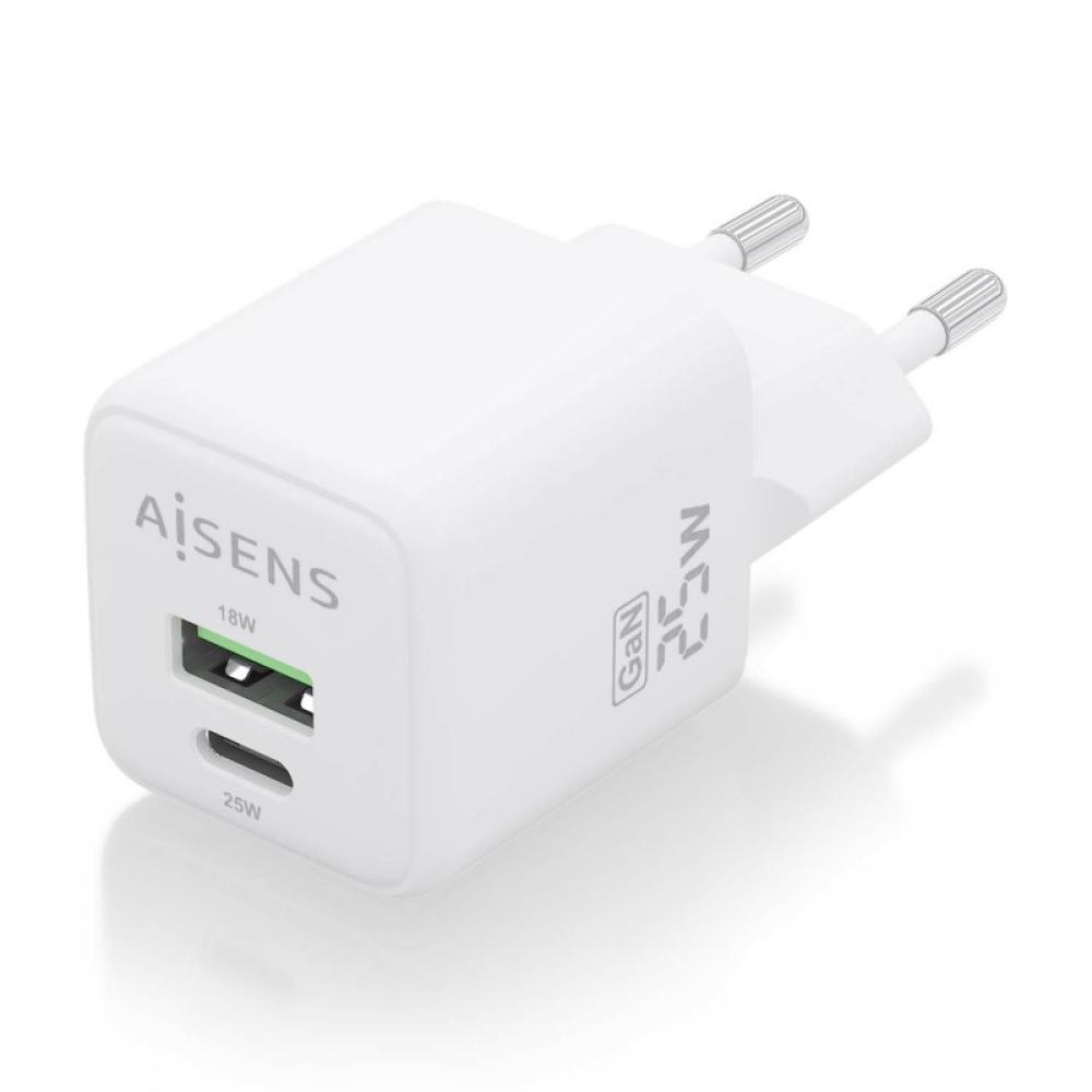 AISENS - Cargador GaN 25W, 1xUSB-C PD3.0 QC4.0, 1xUSB-A QC3.0, Blanco