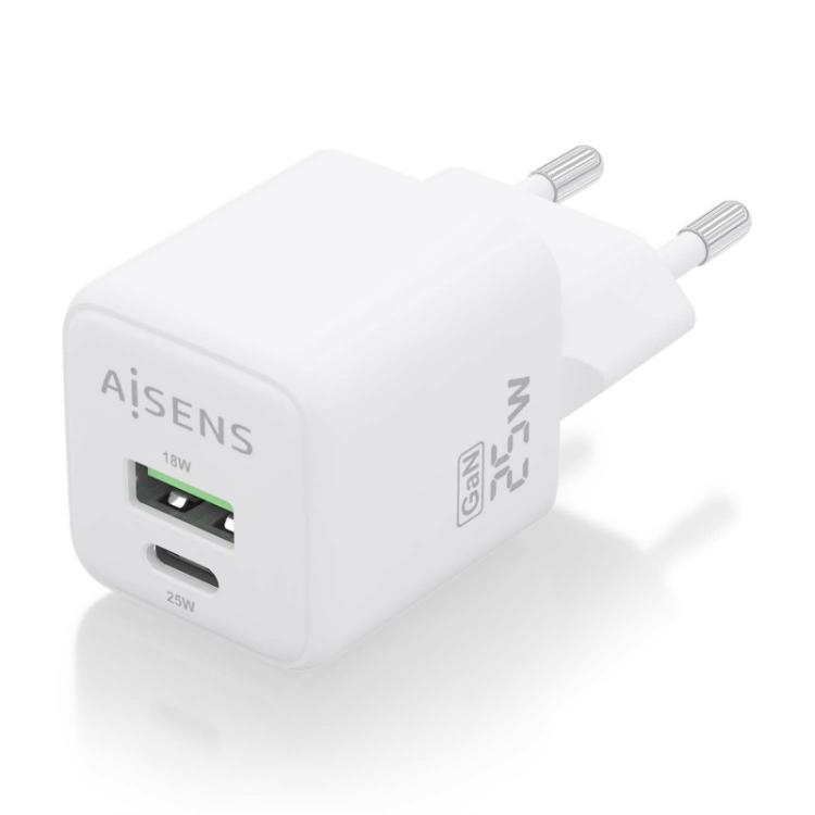 AISENS - Cargador GaN 25W, 1xUSB-C PD3.0 QC4.0, 1xUSB-A QC3.0, Blanco