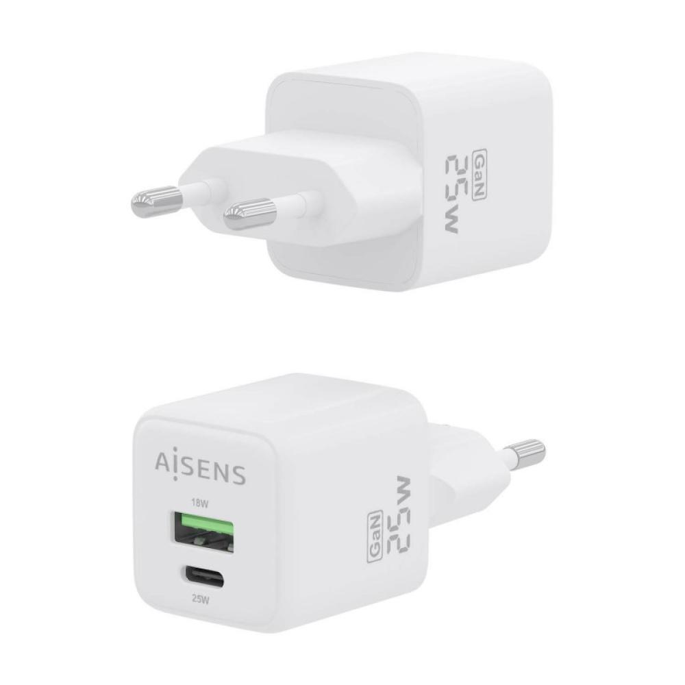 AISENS - Cargador GaN 25W, 1xUSB-C PD3.0 QC4.0, 1xUSB-A QC3.0, Blanco