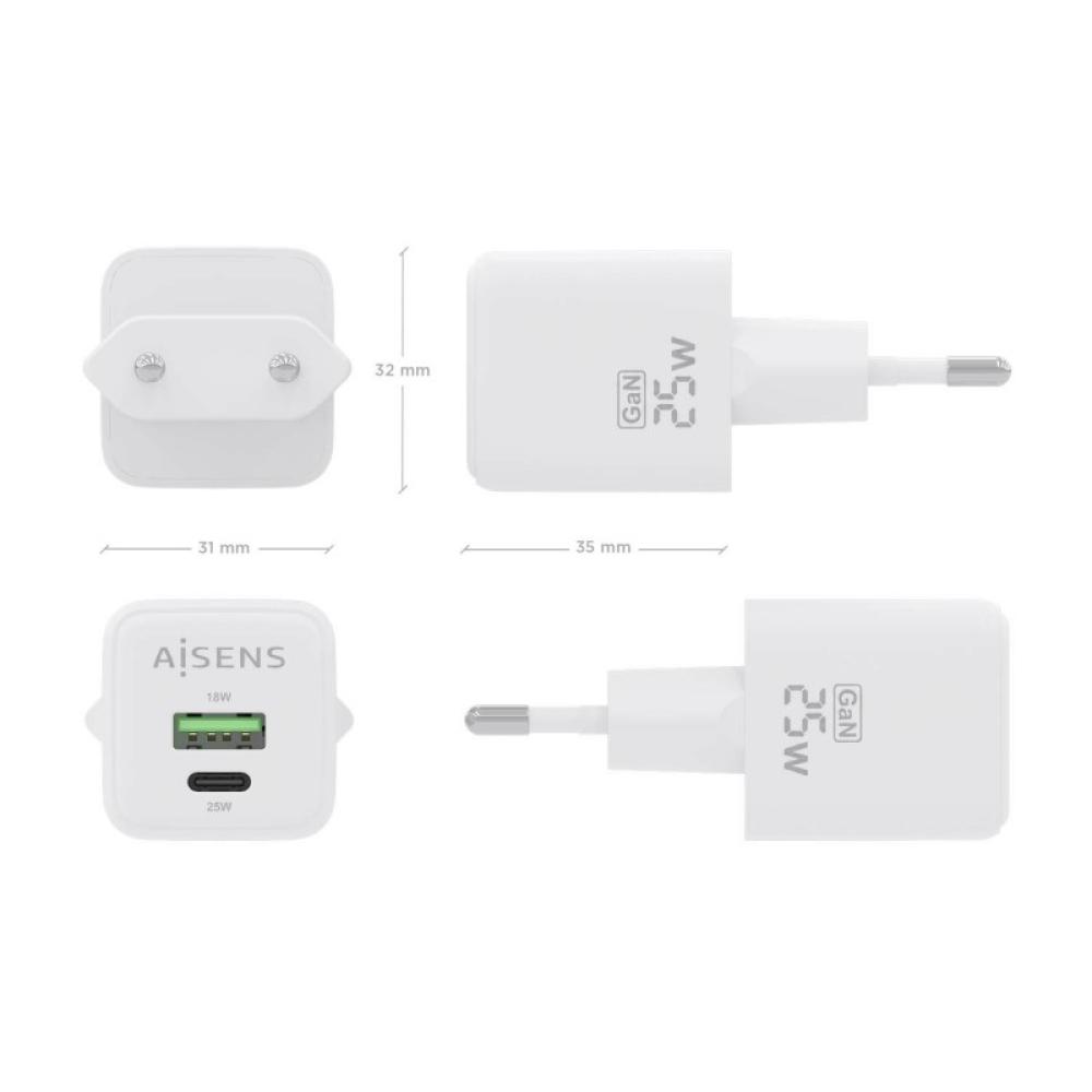 AISENS - Cargador GaN 25W, 1xUSB-C PD3.0 QC4.0, 1xUSB-A QC3.0, Blanco