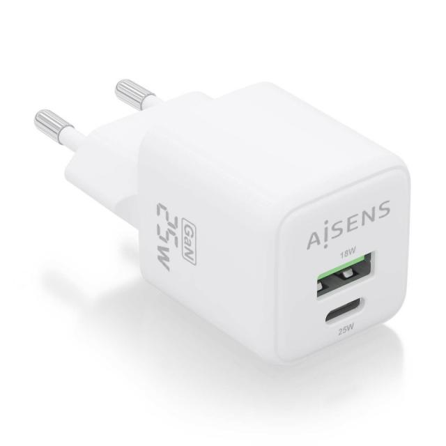 AISENS - Cargador GaN 25W, 1xUSB-C PD3.0 QC4.0, 1xUSB-A QC3.0, Blanco