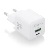 AISENS - Cargador GaN 25W, 1xUSB-C PD3.0 QC4.0, 1xUSB-A QC3.0, Blanco