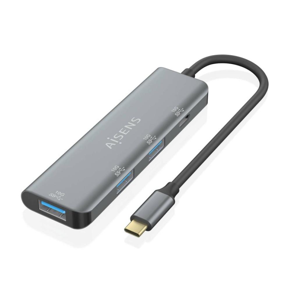 AISENS - Hub USB 3.2 Gen2 10G USB-C, USB-C/M-1xUSB-C/H-3xUSB-A/H, Gris, 15 cm