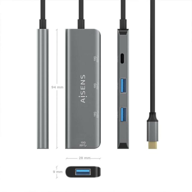 AISENS - Hub USB 3.2 Gen2 10G USB-C, USB-C/M-1xUSB-C/H-3xUSB-A/H, Gris, 15 cm