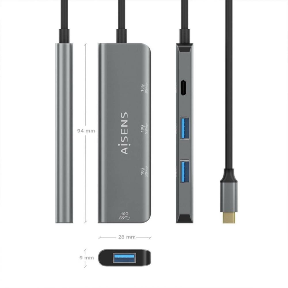 AISENS - Hub USB 3.2 Gen2 10G USB-C, USB-C/M-1xUSB-C/H-3xUSB-A/H, Gris, 15 cm