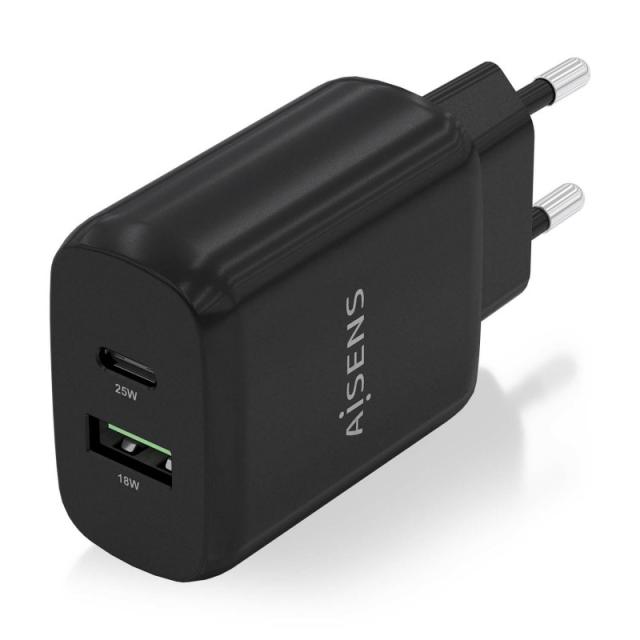 AISENS - Cargador 25W, 1xUSB-C PD3.0, 1xUSB-A QC3.0, Negro