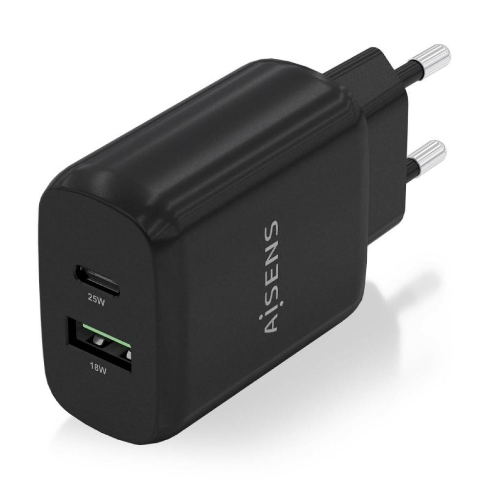 AISENS - Cargador 25W, 1xUSB-C PD3.0, 1xUSB-A QC3.0, Negro
