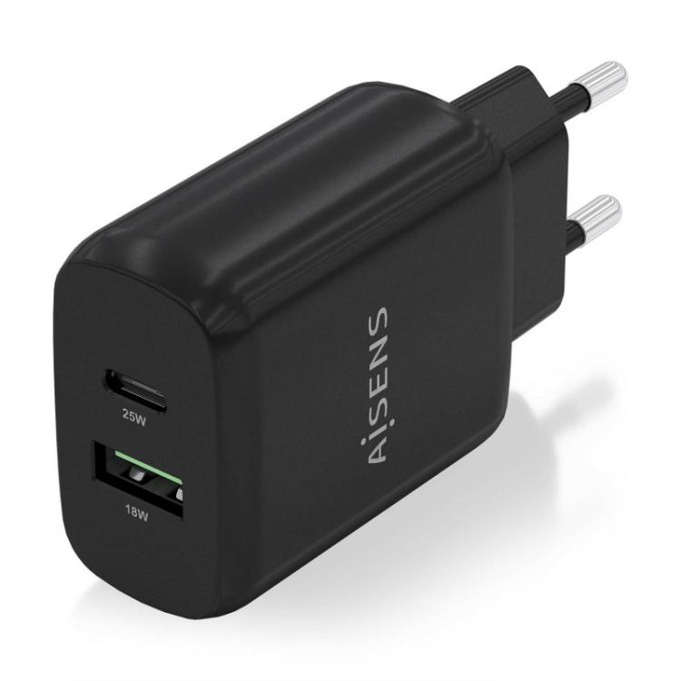 AISENS - Cargador 25W, 1xUSB-C PD3.0, 1xUSB-A QC3.0, Negro