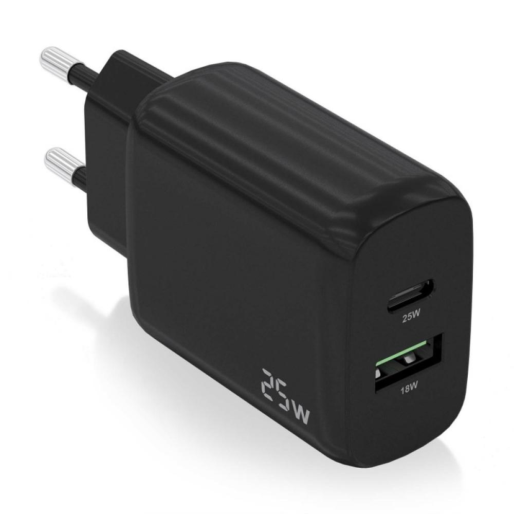 AISENS - Cargador 25W, 1xUSB-C PD3.0, 1xUSB-A QC3.0, Negro