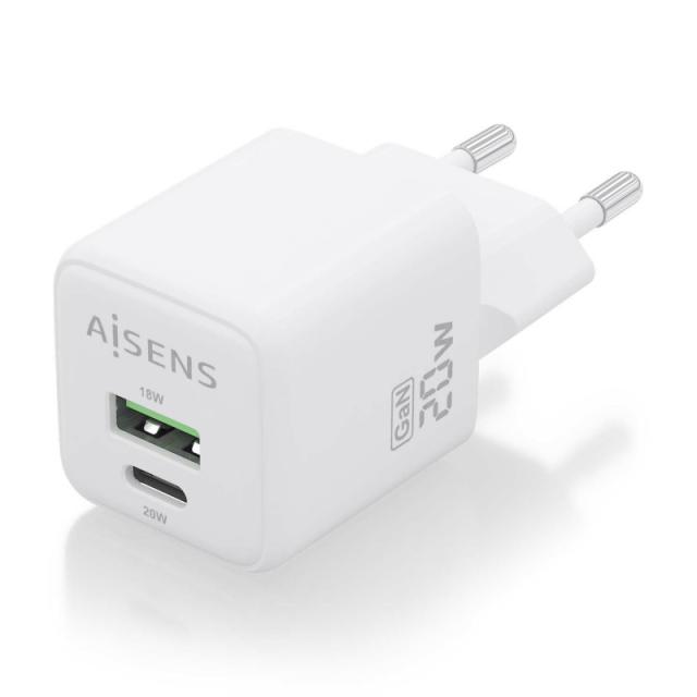 AISENS - Cargador GaN 20W, 1xUSB-C PD3.0 QC4.0, 1xUSB-A QC3.0, Blanco - ASCH-20W2P010-W