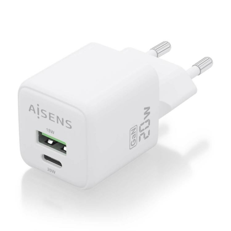 AISENS - Cargador GaN 20W, 1xUSB-C PD3.0 QC4.0, 1xUSB-A QC3.0, Blanco - ASCH-20W2P010-W