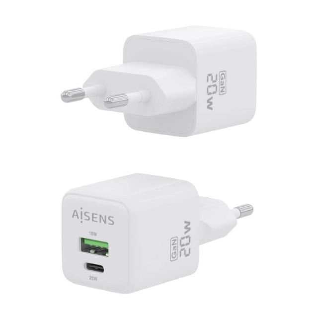 AISENS - Cargador GaN 20W, 1xUSB-C PD3.0 QC4.0, 1xUSB-A QC3.0, Blanco - ASCH-20W2P010-W