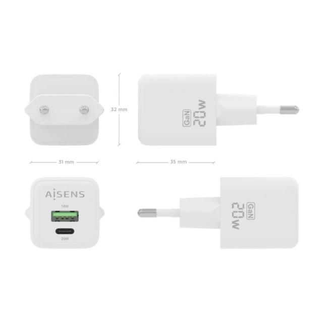 AISENS - Cargador GaN 20W, 1xUSB-C PD3.0 QC4.0, 1xUSB-A QC3.0, Blanco - ASCH-20W2P010-W
