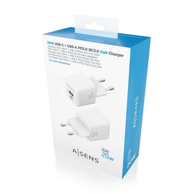 AISENS - Cargador GaN 20W, 1xUSB-C PD3.0 QC4.0, 1xUSB-A QC3.0, Blanco - ASCH-20W2P010-W