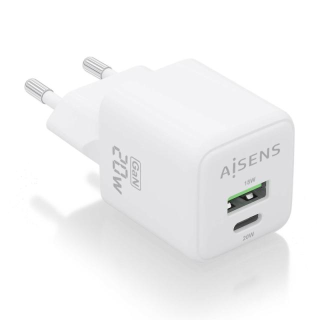 AISENS - Cargador GaN 20W, 1xUSB-C PD3.0 QC4.0, 1xUSB-A QC3.0, Blanco - ASCH-20W2P010-W