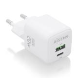 AISENS - Cargador GaN 20W, 1xUSB-C PD3.0 QC4.0, 1xUSB-A QC3.0, Blanco - ASCH-20W2P010-W