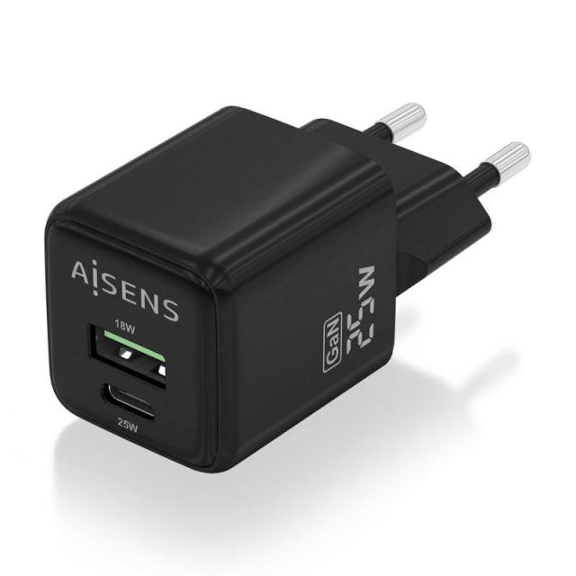 AISENS - Cargador GaN 25W, 1xUSB-C PD3.0 QC4.0, 1xUSB-A QC3.0, Negro