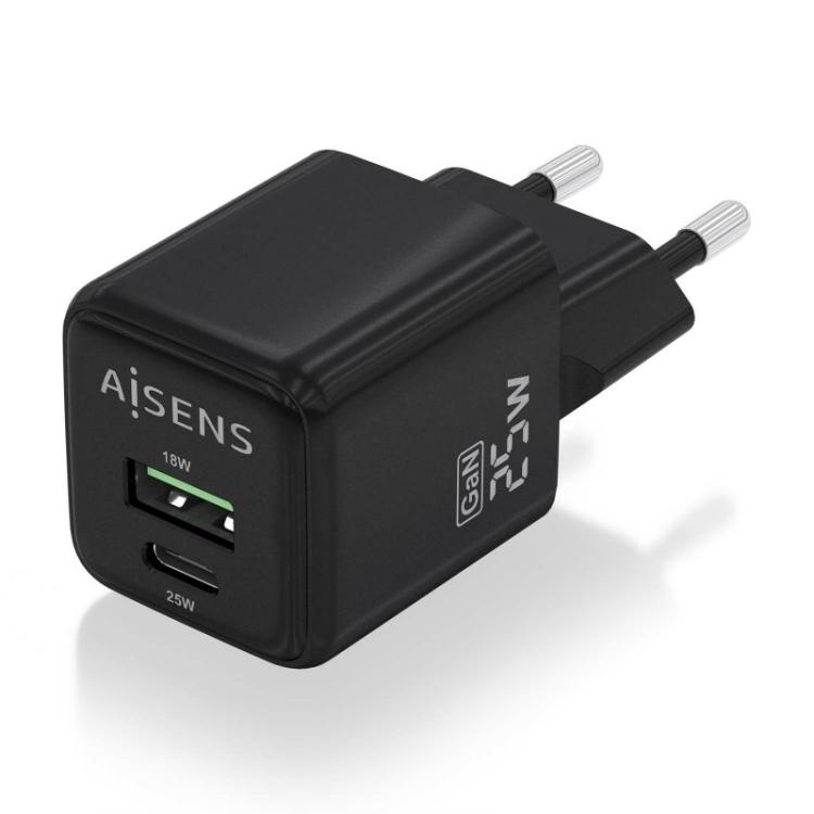 AISENS - Cargador GaN 25W, 1xUSB-C PD3.0 QC4.0, 1xUSB-A QC3.0, Negro