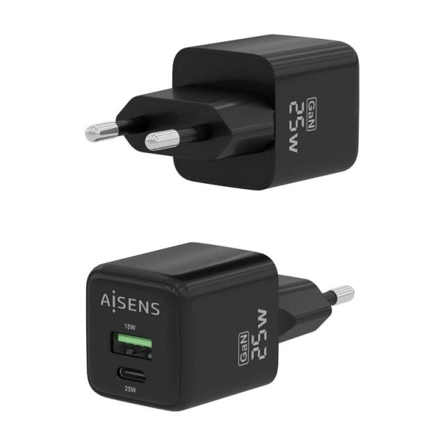 AISENS - Cargador GaN 25W, 1xUSB-C PD3.0 QC4.0, 1xUSB-A QC3.0, Negro