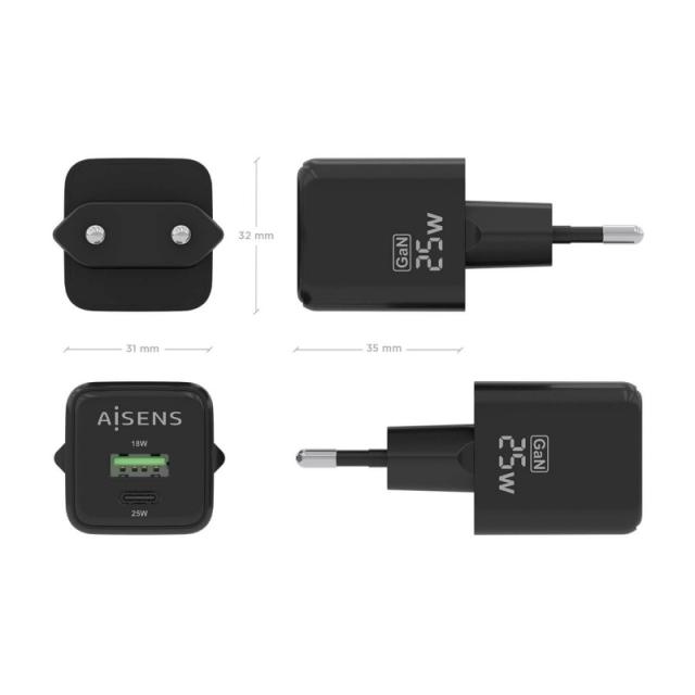AISENS - Cargador GaN 25W, 1xUSB-C PD3.0 QC4.0, 1xUSB-A QC3.0, Negro