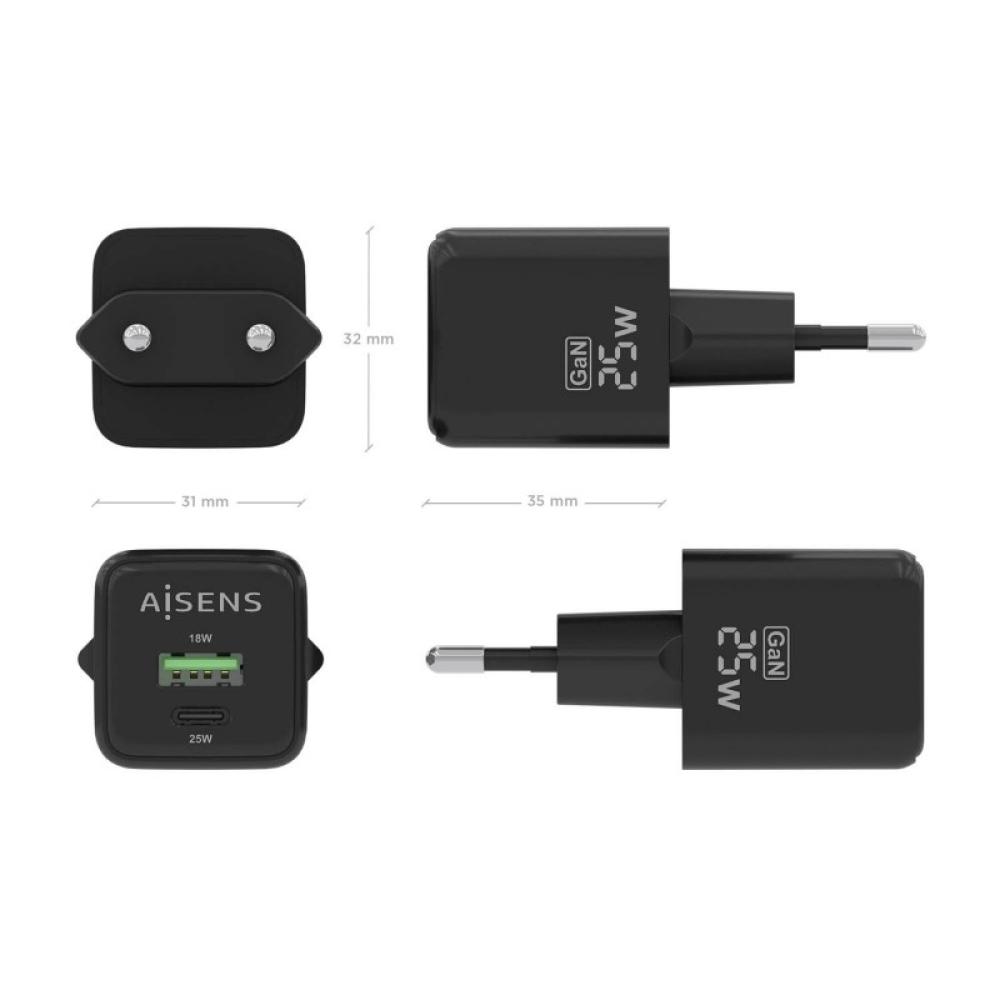 AISENS - Cargador GaN 25W, 1xUSB-C PD3.0 QC4.0, 1xUSB-A QC3.0, Negro