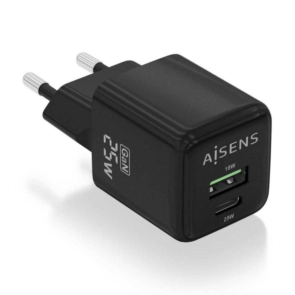 AISENS - Cargador GaN 25W, 1xUSB-C PD3.0 QC4.0, 1xUSB-A QC3.0, Negro
