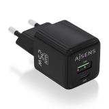 AISENS - Cargador GaN 25W, 1xUSB-C PD3.0 QC4.0, 1xUSB-A QC3.0, Negro