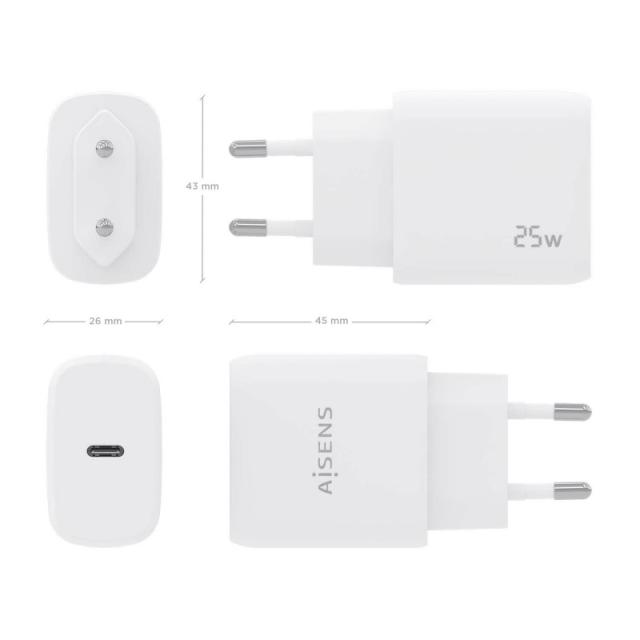 AISENS - Cargador USB-C PD3.0 1 Puerto 1xUSB-C 25W, Blanco