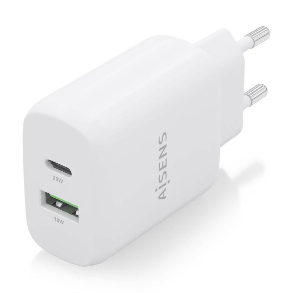 AISENS - Cargador 25W, 1xUSB-C PD3.0, 1xUSB-A QC3.0, Blanco
