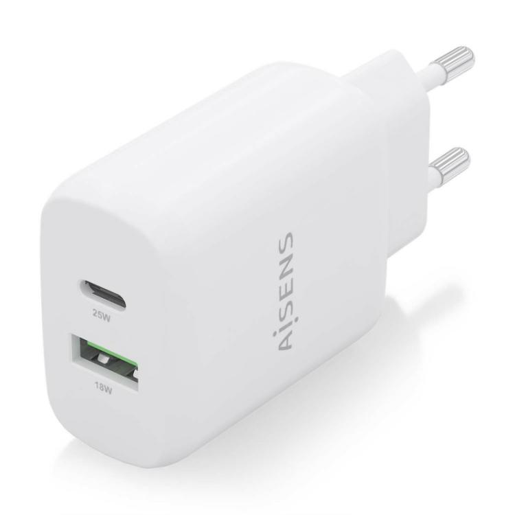 AISENS - Cargador 25W, 1xUSB-C PD3.0, 1xUSB-A QC3.0, Blanco