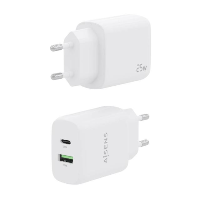 AISENS - Cargador 25W, 1xUSB-C PD3.0, 1xUSB-A QC3.0, Blanco