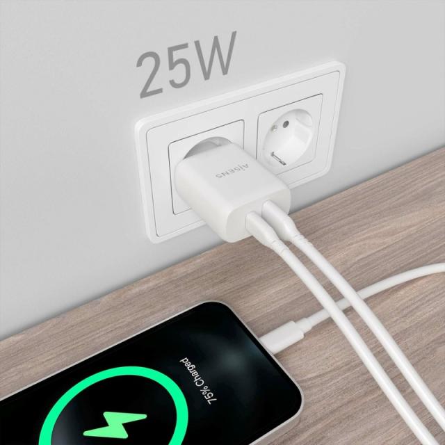 AISENS - Cargador 25W, 1xUSB-C PD3.0, 1xUSB-A QC3.0, Blanco