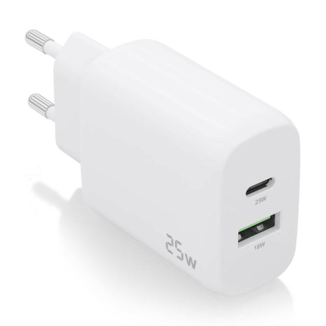 AISENS - Cargador 25W, 1xUSB-C PD3.0, 1xUSB-A QC3.0, Blanco