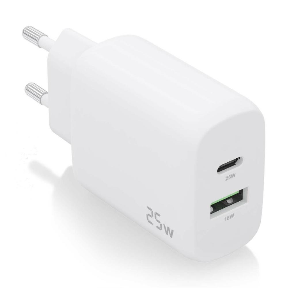 AISENS - Cargador 25W, 1xUSB-C PD3.0, 1xUSB-A QC3.0, Blanco