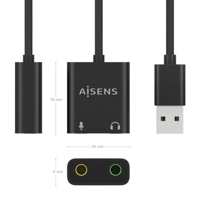 AISENS - Conversor USB-A a Audio 48KHz, USB-A/M-2xJack 3.5/H, Negro, 10 cm