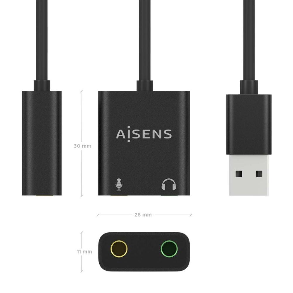 AISENS - Conversor USB-A a Audio 48KHz, USB-A/M-2xJack 3.5/H, Negro, 10 cm