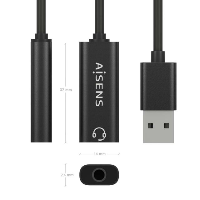 AISENS - Conversor USB-A a Audio 48KHz, USB-A/M-Jack 3.5/H, Negro, 10 cm