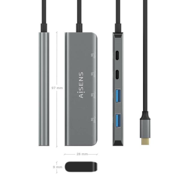AISENS - Hub USB 3.2 Gen1 5G USB-C, USB-C/M-2xUSB-C/H-2xUSB-A/H, Gris, 15 cm