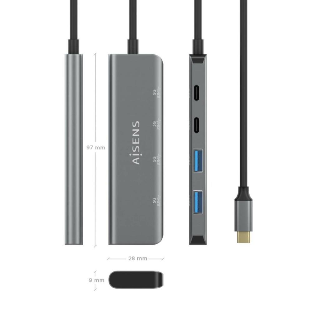 AISENS - Hub USB 3.2 Gen1 5G USB-C, USB-C/M-2xUSB-C/H-2xUSB-A/H, Gris, 15 cm