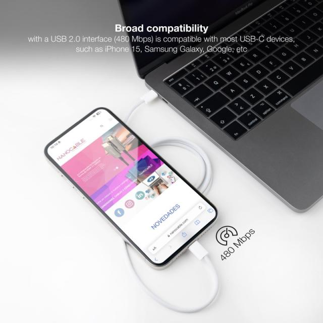 Nanocable - Cable USB-C 2.0 60W 3A, USB-C/M-USB-C/M, Blanco, 1 m